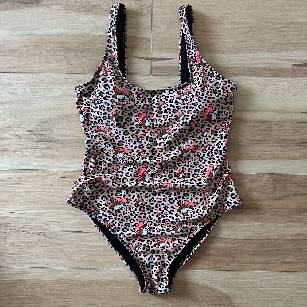 Buc-ee’s Womens One‎ Piece Cheetah Print Swim Bathing Suit Beaver Brown Small